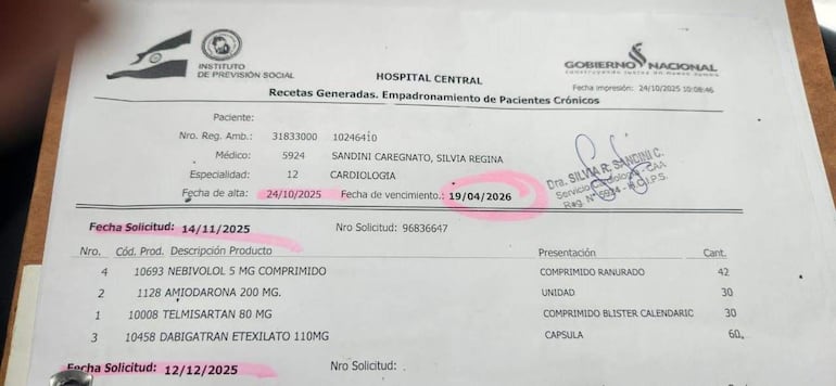 Receta médica del IPS con detalles de medicamentos prescritos y datos del paciente. Documento oficial sin personas visibles.