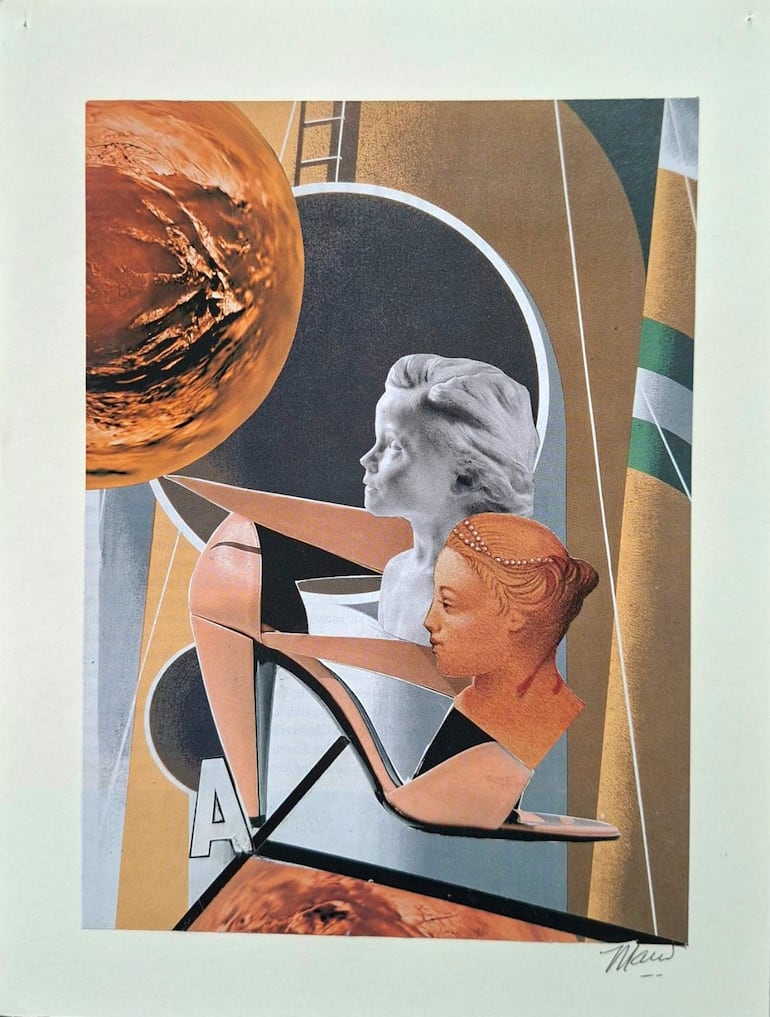 Collage con figura estilizada de mujer sobre zapato de tacón. Colores vibrantes y formas abstractas en un diseño contemporáneo.
