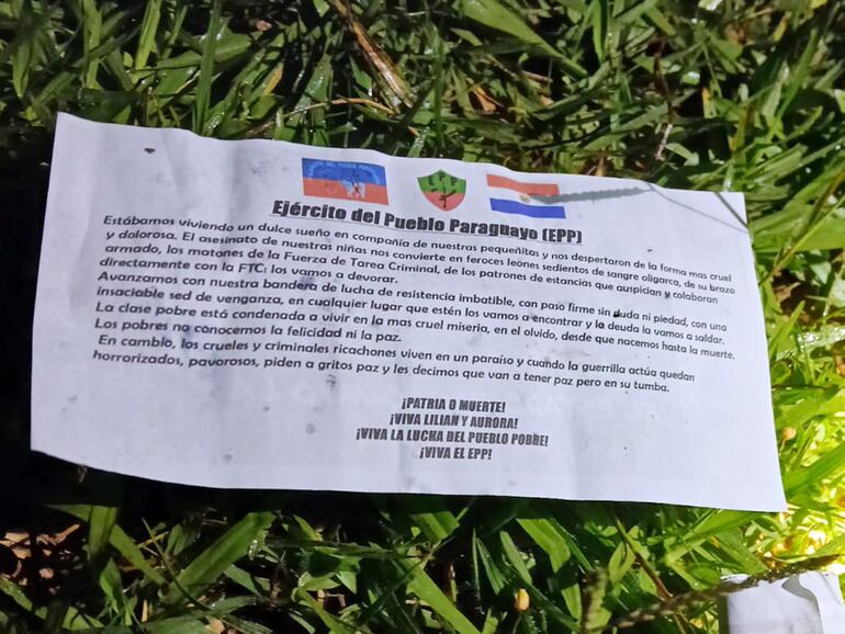 Uno de los panfletos alusivos al EPP supuestamente hallados por el CODI cerca de la subcomisaría atacada.
