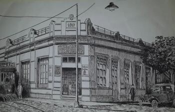 "Arturo Alsina, en cuya farmacia se reunían...". La Farmacia Americana en los años 1930 (Aníbal Ferreira, dibujo a tinta china, Archivo de ABC Color).