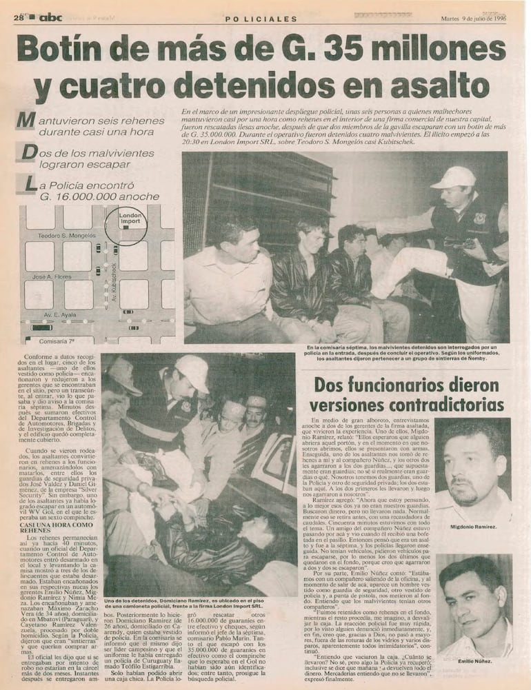 ABC Color del 9 de julio de 1996, sobre el asalto y la toma de rehenes en la empresa London Import SRL de Asunción.