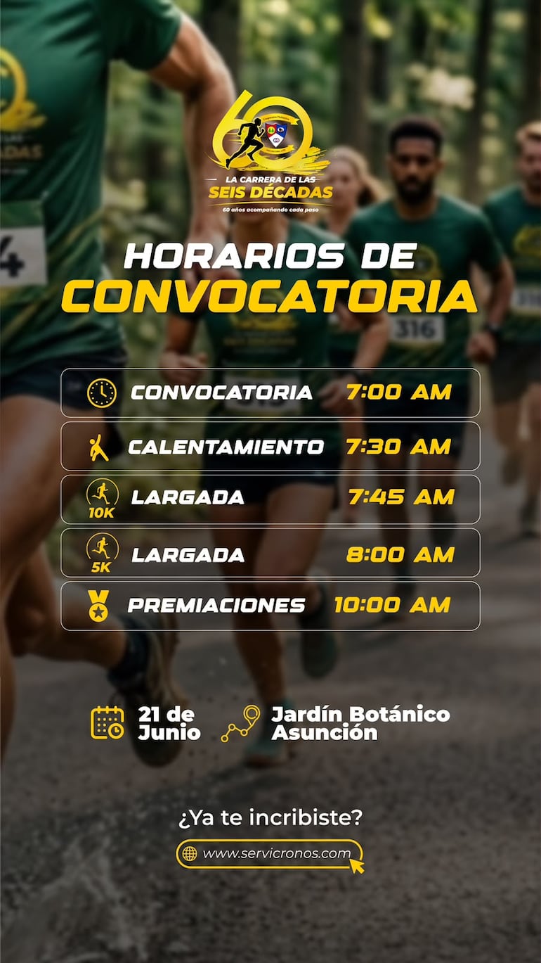 Horarios de convocatoria de la Carrera de las Seis Décadas.