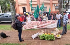 Miembros de la Federación Nacional Campesina regional Misiones se movilizaron frente a la Gobernación de Misiones.