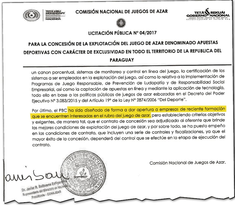 acsímil del Pliego de Bases y Condiciones para apuestas deportivas anterior a la actual, del 2017. Empresas de reciente formación, sin experiencia, podían participar, criterio la gestión actual anuló.