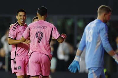 El paraguayo Diego Gómez (i), futbolista del Inter Miami, celebra un gol en el partido ante Real Salt Lake por la primera jornada de la Major League Soccer.