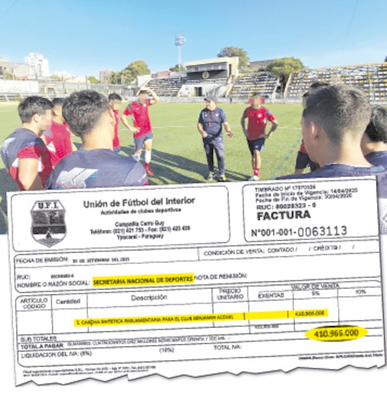 Comprobante entregado por UFI sobre el aporte al Club Benjamín Aceval, cuyo presidente y entrenador (hasta enero pasado, en este último caso) era el diputado Rubén Roussillón (centro).