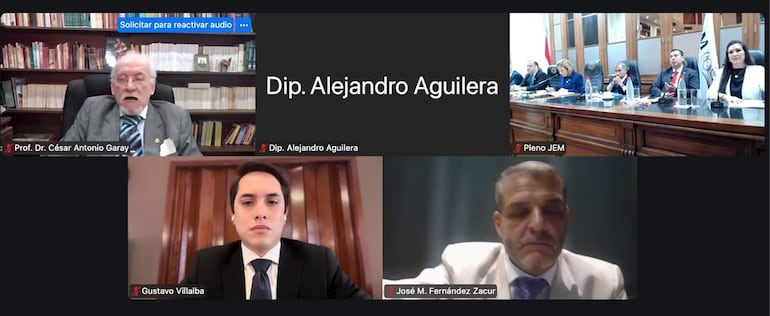 Reunión virtual con Enmanuel Villalba y Luis Fernández Sacur, rodeados de otros participantes en un entorno institucional formal.