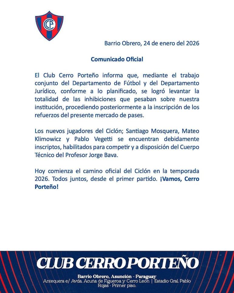 El comunicado de Cerro Porteño en el que se confirma el levantamiento de las inhibiciones de FIFA.