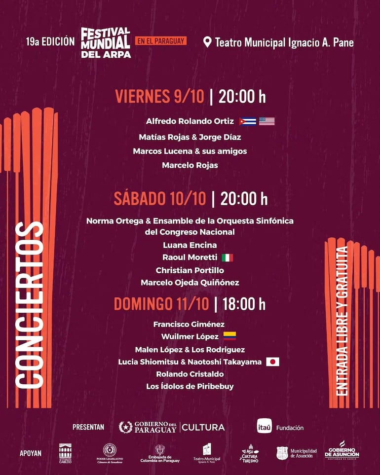 Cartel del Festival Mundial del Arpa con fecha y horarios, predominando el color rojo y detalles en varios colores.
