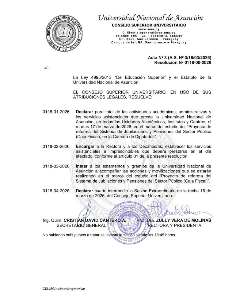 Resolución de paro total en la UNA en el marco de las manifestaciones por Caja Fiscal.