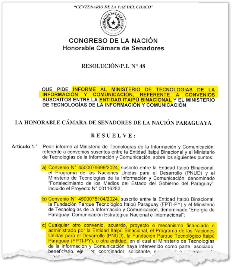 El informe solicita los convenios con Itaipú para publicidad.