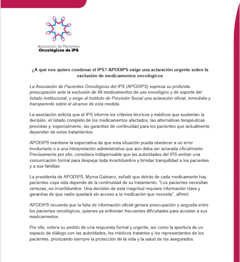 Comunicado de la Asociación de Pacientes Oncológicos del IPS en relación al recorte de 939 ítems del vademécum del seguro social.