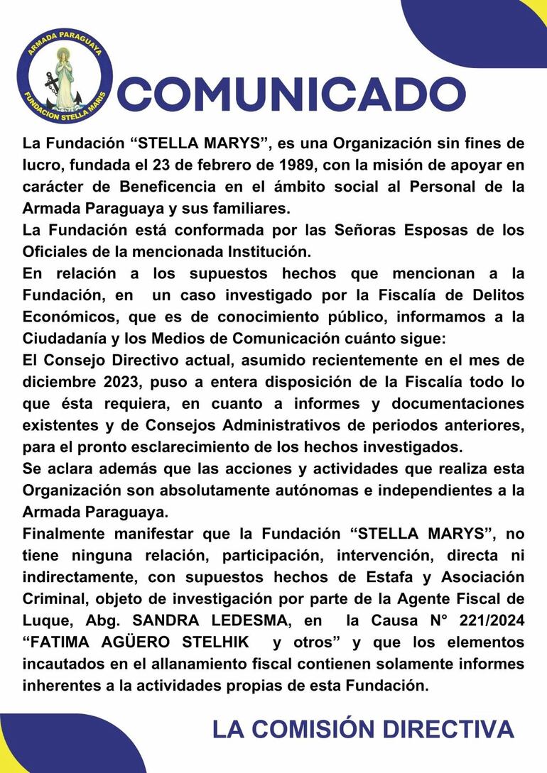 El comunicado de la Fundación Stella Maris.