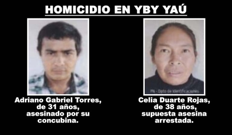 Adriano Gabriel Torres, asesinado, y Celia Duarte Rojas, supuesta asesina.