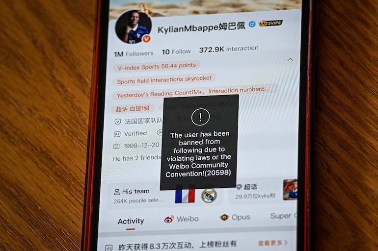 La cuenta de la red social china Weibo de la estrella del fútbol francés Kylian Mbappé, en la que aparece el mensaje: «El usuario tiene restringida la función de seguir a otros debido a una infracción de las normas de la comunidad de Weibo».