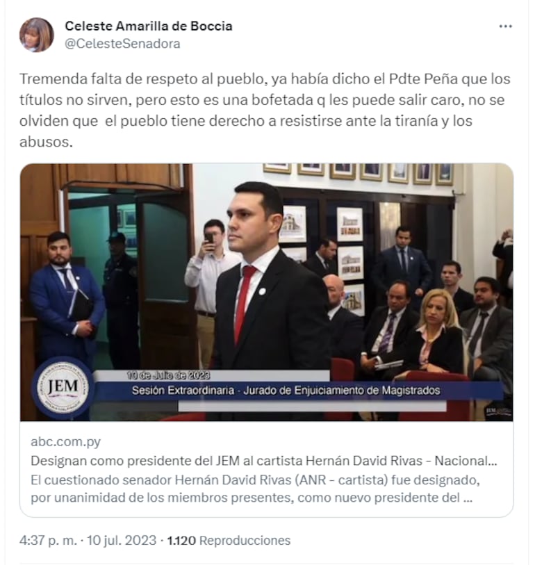 Celeste Amarilla, senadora del PLRA, tildó de "falta de respeto al pueblo" la elección de Rivas como presidente del JEM.