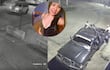 Dos hombres en la parte trasera de una camioneta negra, uno de pie y otro agachado, manipulando un objeto cubierto.