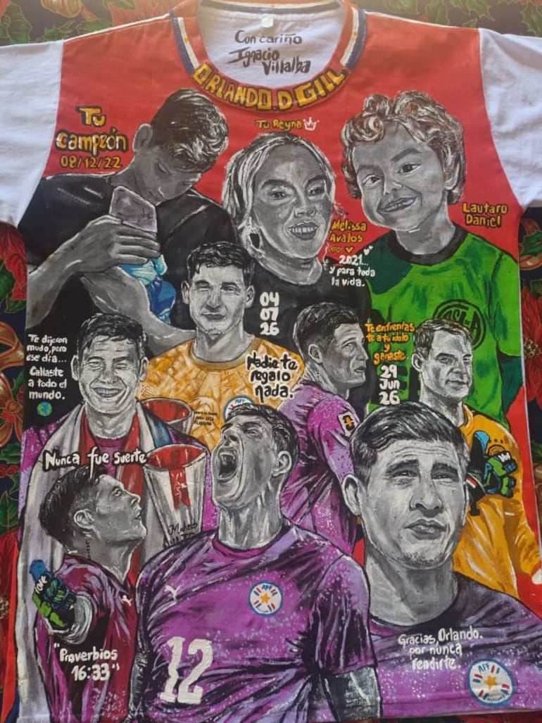 La camiseta artística que preparó Ignacio Villalba para el arquero albirrojo Orlando Gill. (Gentileza)