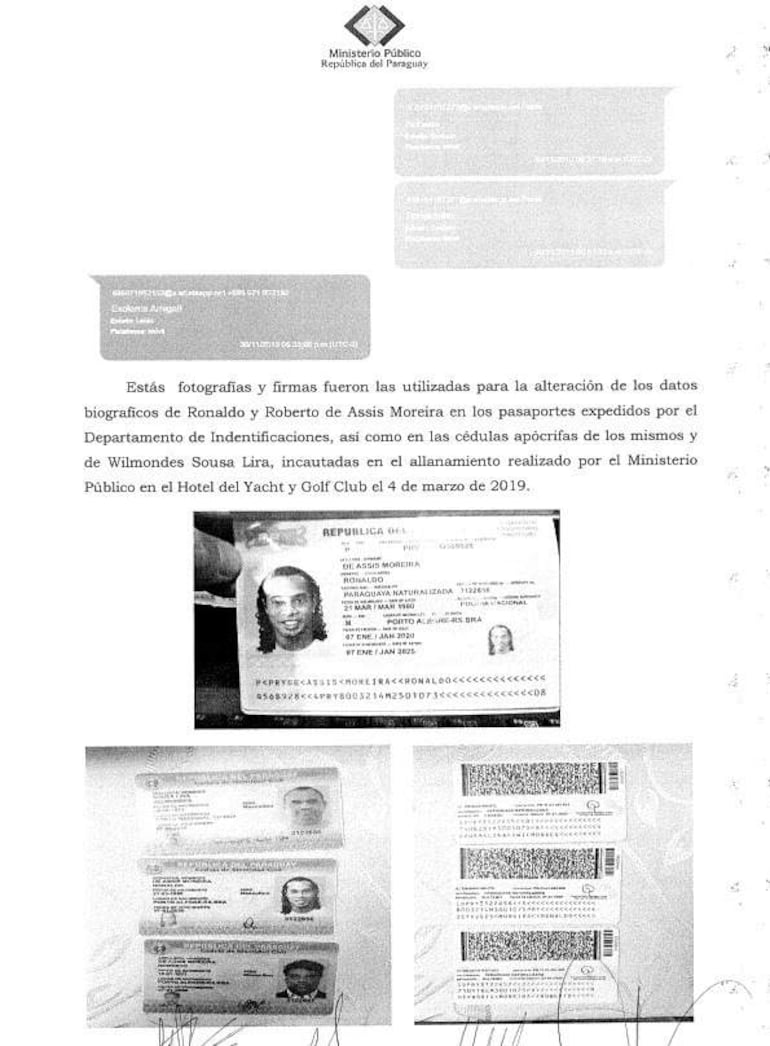 Documento del Ministerio Público sobre la alteración de datos de Ronaldo y Roberto de Assis Moreira con fotografías incluidas.