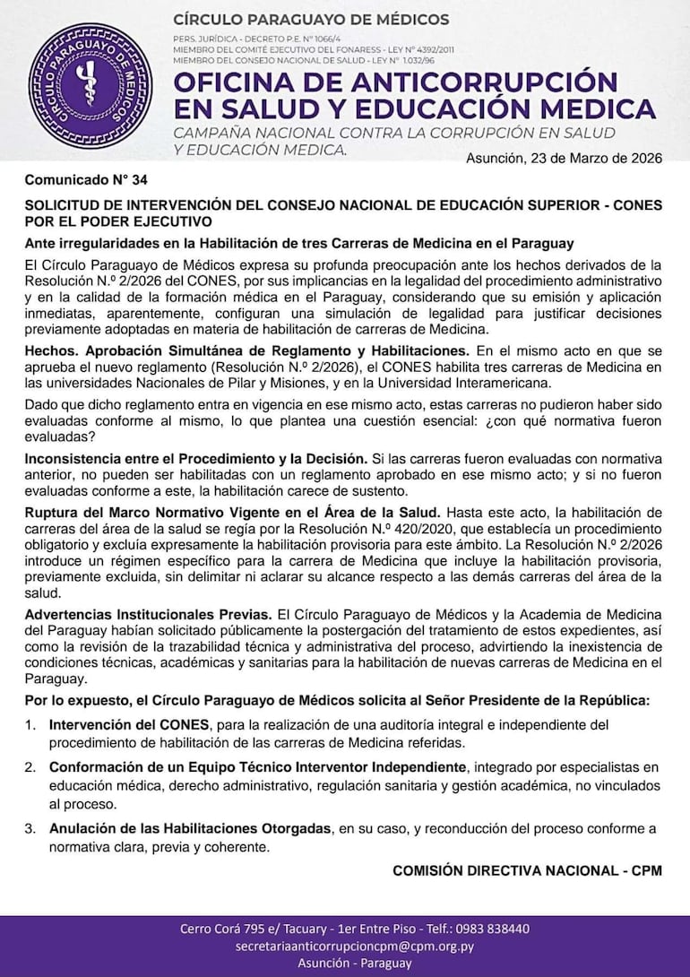 Comunicado del Círculo Paraguayo de Médicos, emitido este lunes 23 de marzo.