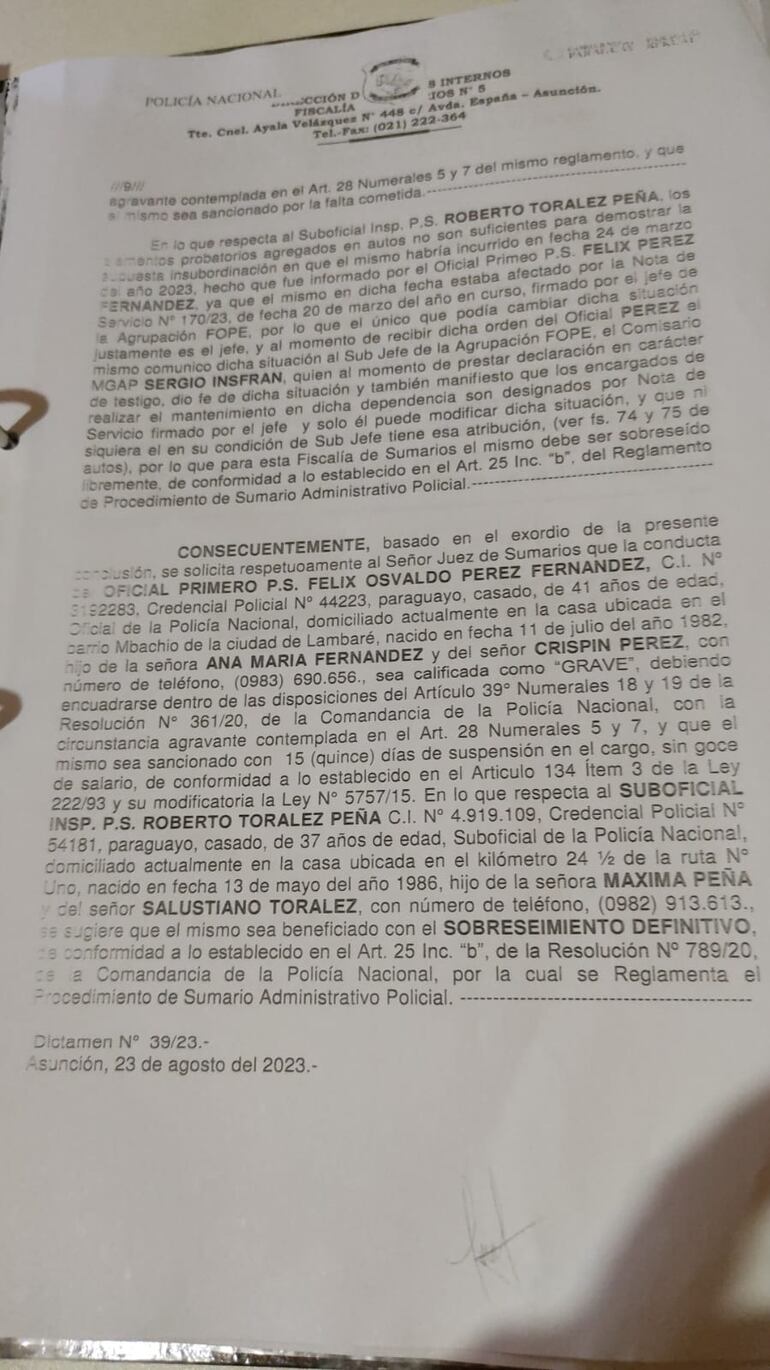 Resolución del sumario hecho por Asuntos Internos de la Policía Nacional. (gentileza).