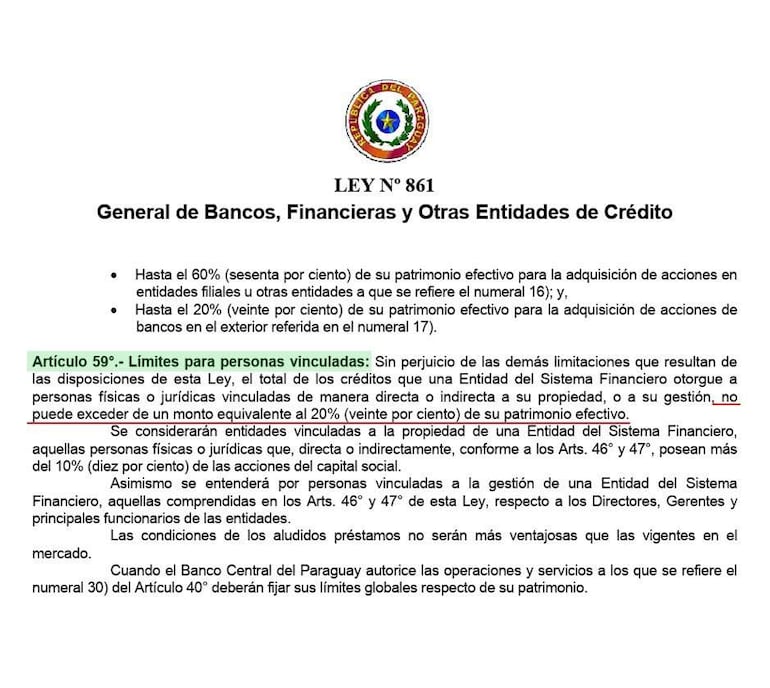 Documento oficial titulado 'LEY N° 861' que detalla límites para créditos en entidades financieras.