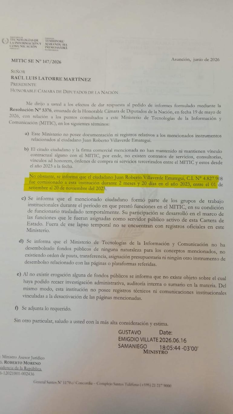Documento oficial del MITIC con texto impreso sobre solicitud de informes y falta de documentación sobre Villaverde.