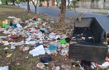 Basura esparcida por todo el suelo, incluyendo plásticos y papeles, en un área urbana con vegetación y calles pavimentadas al fondo.