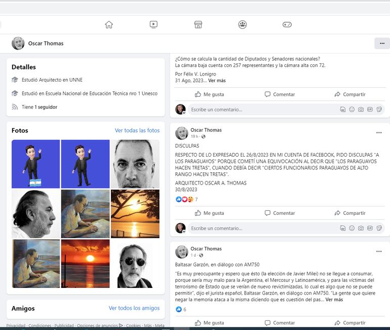 Página de Facebook de Oscar Thomas, donde aclara que lo que debió decir es que “ciertos funcionarios paraguayos de algo rango hacen tretas”.
