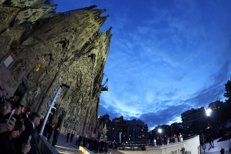 Pope Leo XIV (R) inaugurates the Jesus Christ tower of the Sagrada Familia Basilica in Barcelona, on June 10, 2026. Pope Leo XIV is visiting Spain June 6-12 with stops in Madrid, Barcelona, and the Canary Islands, where he will meet with migrants and organisations dedicated to helping them. (Photo by Josep LAGO / AFP)