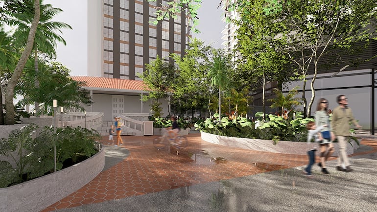 El diseño paisajístico y las áreas verdes integradas mejoran la calidad de vida de quienes transitan y trabajan en el edificio.