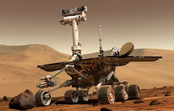Un concepto artístico muestra un rover de exploración de Marte de la NASA en la superficie del planeta. Los rovers Opportunity rover y Spirit rover fueron lanzados con pocas semanas de diferencia en 2003 y aterrizaron en enero de 2004 en dos sitios distintos de Marte. Cada rover fue diseñado con la movilidad y las herramientas necesarias para funcionar como un geólogo robótico.