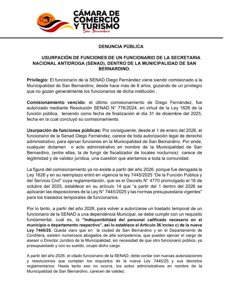 Comunicado de la Cámara de Comercio y Turismo de San Bernardino.