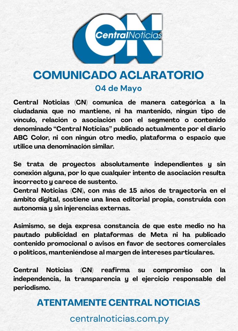 Central Noticias (oficial) niega relación con portal prooficialista.