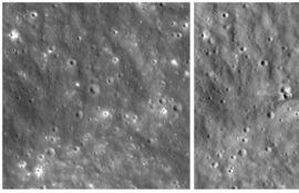 Composición de fotografías cedidas por NASA Goddard e Intuitive Machines del 11 y 12 de agosto por la cámara de ángulo estrecho de la sonda Lunar Reconnaissance Orbiter donde se muestra el antes (i) y después del cráter formado tras el impacto de la etapa superior de un cohete Falcon 9 de SpaceX contra la superficie lunar el 5 de agosto de 2026.