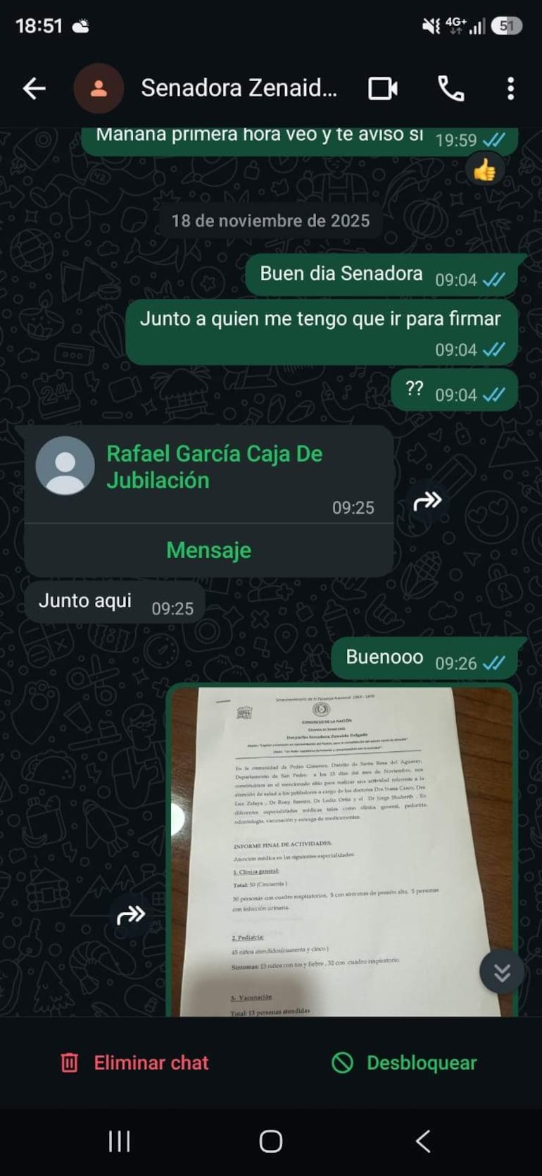 Captura de pantalla de chat con mensajes entre la senadora Zenaida Delgado y Rafael García sobre requisitos para firma de documento.