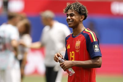 El español Lamine Yamal reacciona tras la victoria en el partido de cuartos de final de la Copa Mundial de la FIFA 2026 entre España y Bélgica, en Los Ángeles, EE. UU..