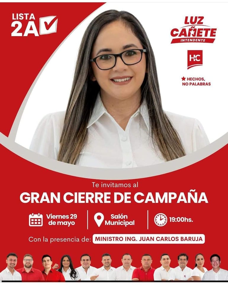 Afiche de Luz Cañete (HC-JCB), aspirante a suceder a su padre, el intendente de Carapeguá Luciano Cañete, invitando al cierre de campaña en el salón municipal.