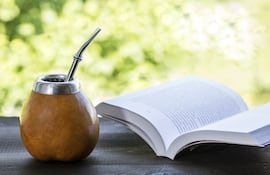 Imagen ilustrativa. Una guampa de mate junto un libro.