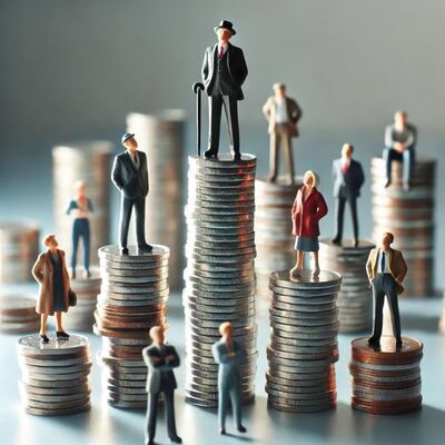 Desigualdad económica en perspectiva: Miniaturas de personas sobre pilas de monedas de distintas alturas reflejan la brecha social y financiera. Mientras unos pocos alcanzan la cima, muchos permanecen en la base del sistema.