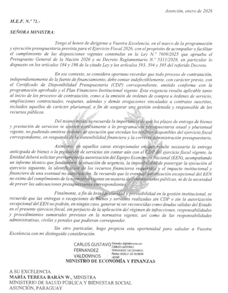 Documento remitido a Salud Pública por el ministro de Economía, Carlos Fernández Valdovinos.