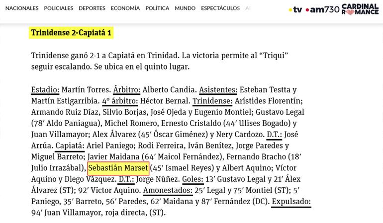 Ficha técnica del partido entre Trinidense y Capiatá, por la División Intermedia de 2021, el 29 de mayo de 2021, cuando Sebastián Marset jugó de titular en este último club.
