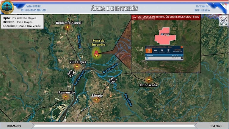 Mapa del incendio en Villa Hayes.