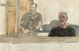 This court sketch made on September 2, 2024 shows defendant Dominique P. (R) during his trial in which he is accused of drugging his wife for nearly ten years and inviting strangers to rape her at their home in Mazan, a small town in the south of France, at the courthousein Avignon. The case involves 50 co-defendants. The defendants, 18 of whom are on remand, are men aged between 21 and 68 at the time of the events. (Photo by Benoit PEYRUCQ / AFP)