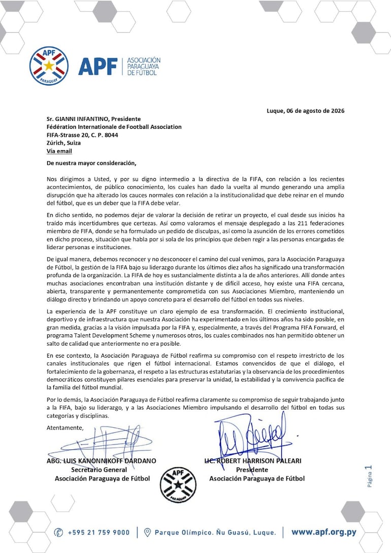 El comunicado de la APF dirigido a Gianni Infantino