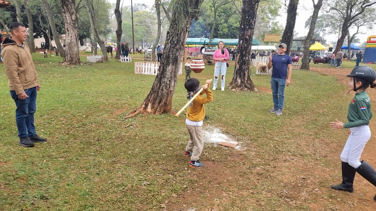 Niño con camiseta amarilla y pantalón claro sostiene un palo, mientras una niña con casco lo observa en ambiente festivo.