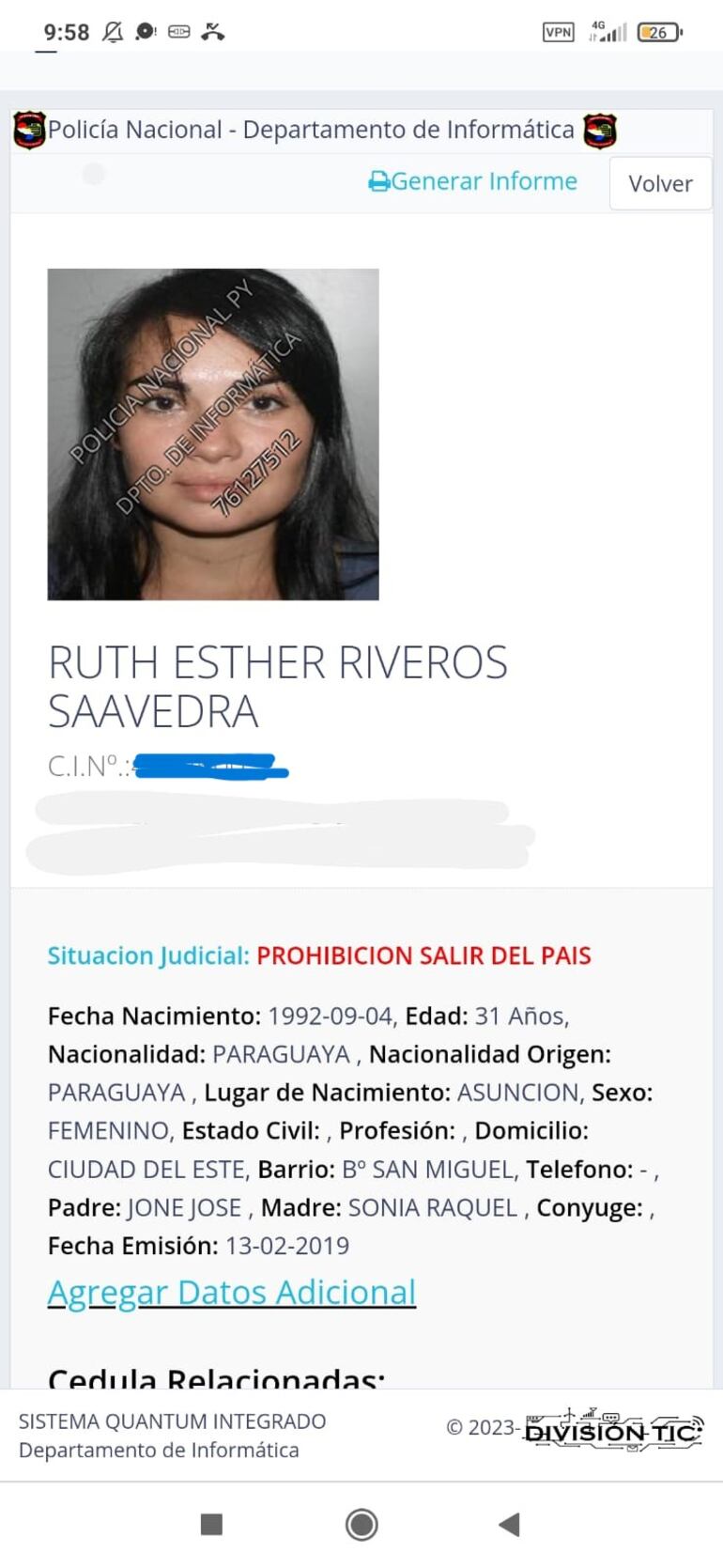 Ficha policial de Ruth Riveros Saavedra con restricción de salir del país.