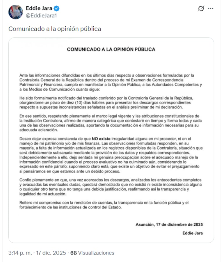 Comunicado de Eddie Jara, titular de Petropar, sobre inconsistencias en sus declaraciones juradas en el informe de la Contraloría General de la República.