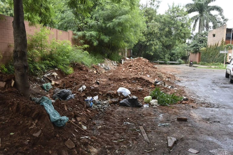 Zona desordenada con montículos de tierra y escombros, rodeada de vegetación densa y bolsas de basura.