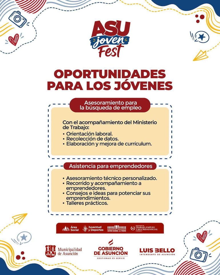 Cartel colorido del ASU Joven Fest con texto sobre oportunidades laborales y emprendedores, con logos de instituciones gubernamentales.